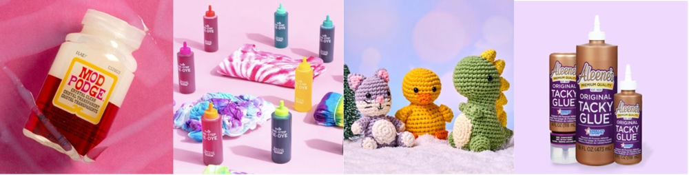 Collage showing Mod Podge, Tulip Tie-Dye Kit, crocheted plushies, and Aleene’s Tacky Glue arranged in four different product scenes.